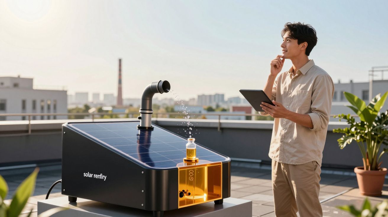 Homem a observar máquina solar que converte água em combustível num terraço com tablet na mão.