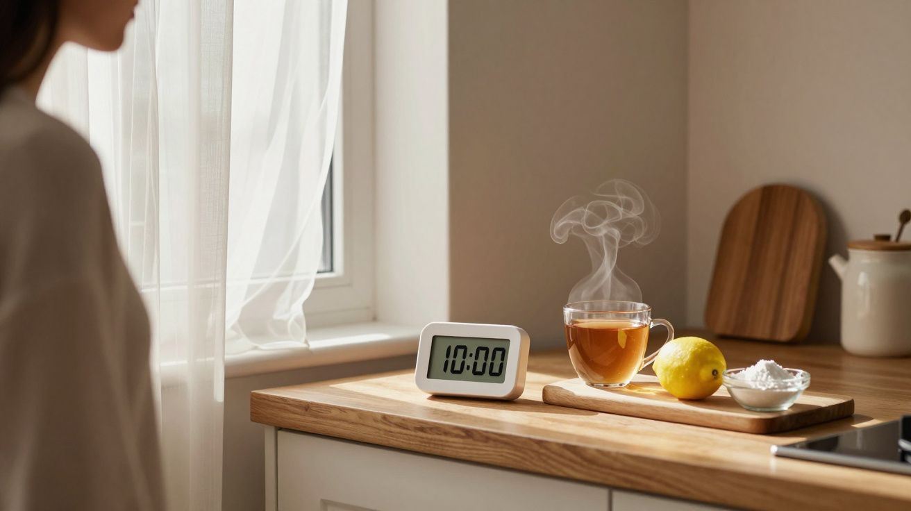 Pessoa junto a cozinha com chá quente, limão, recipiente com pó branco e relógio digital a mostrar 10:00.