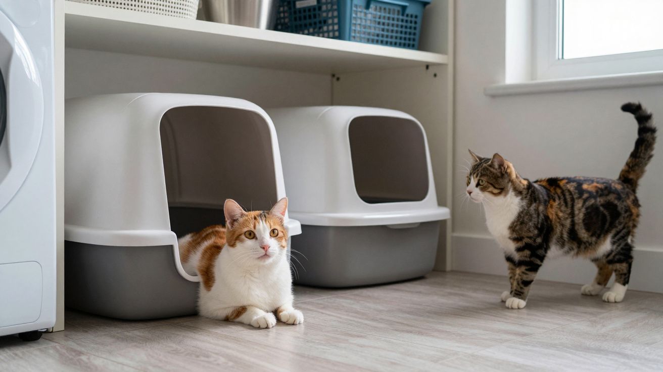 Dois gatos perto de casas de banho para gatos numa divisão com chão claro e janela.