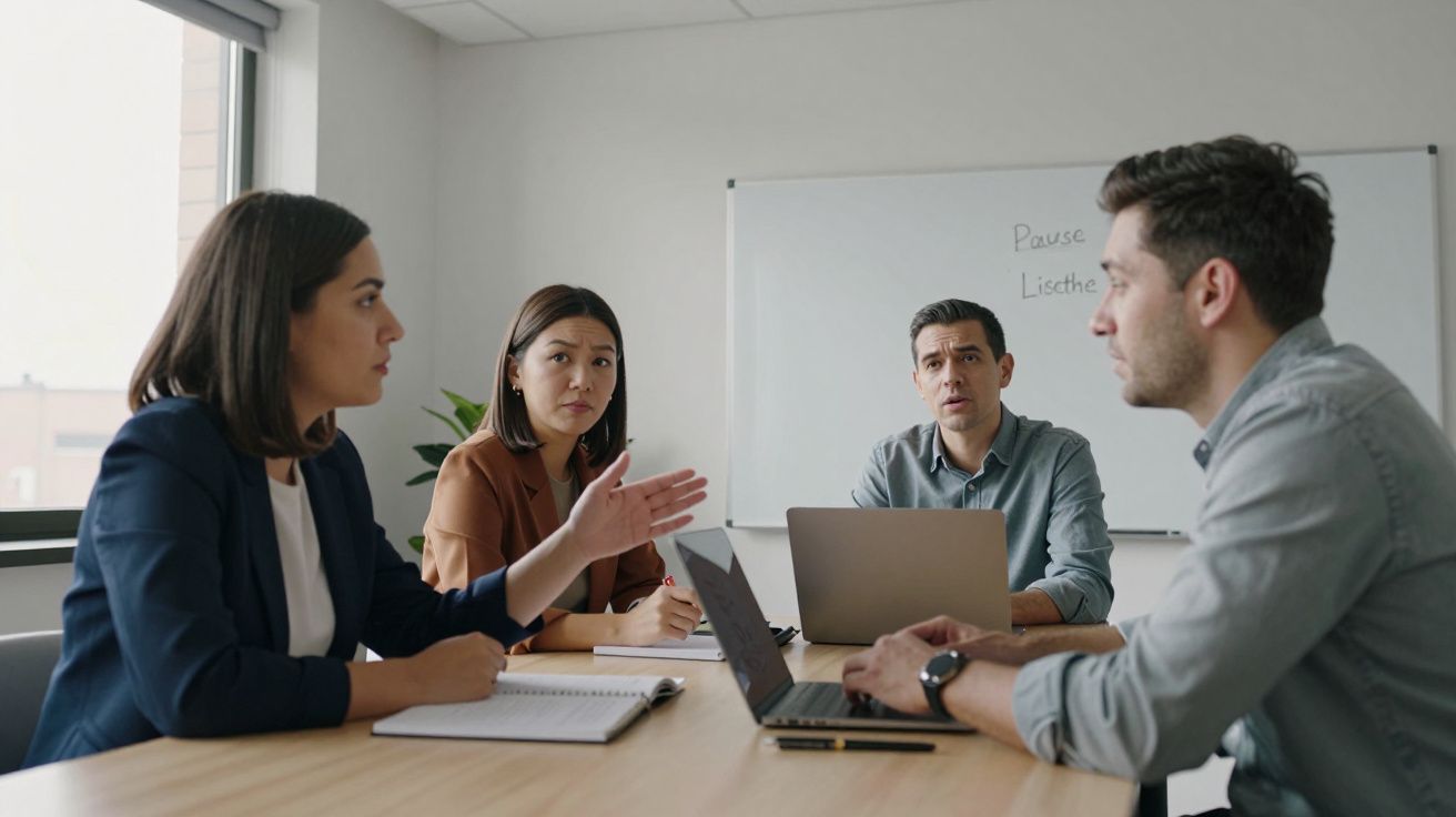 Quatro profissionais em reunião de trabalho numa sala com laptop e quadro branco ao fundo.