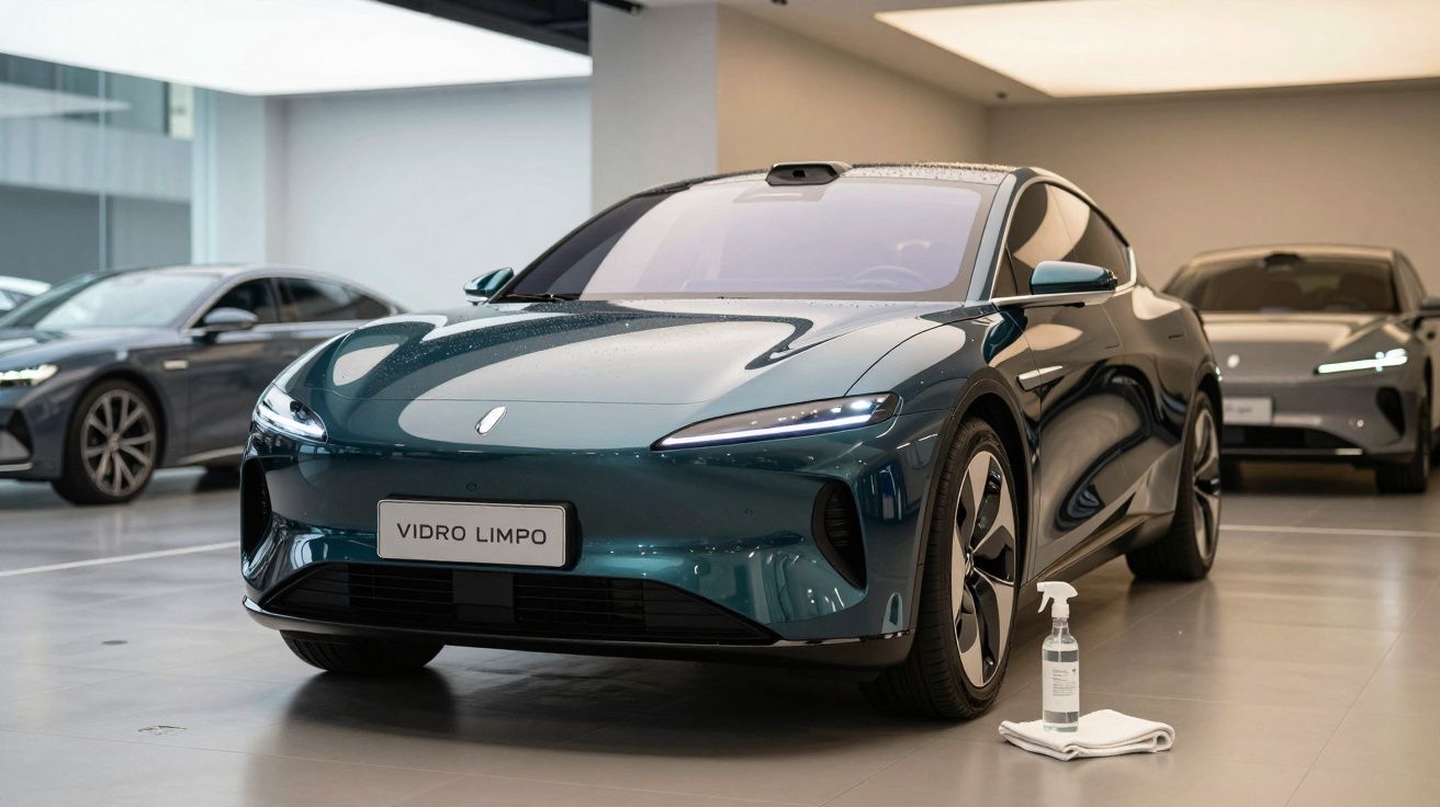 Carro eléctrico azul com placa "Vidro Limpo" estacionado em showroom minimalista com garrafa de spray e pano no chão.