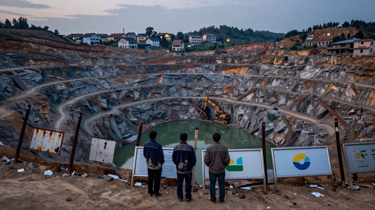Três homens observam escavação circular profunda com escavadora e água, casas ao fundo ao entardecer.