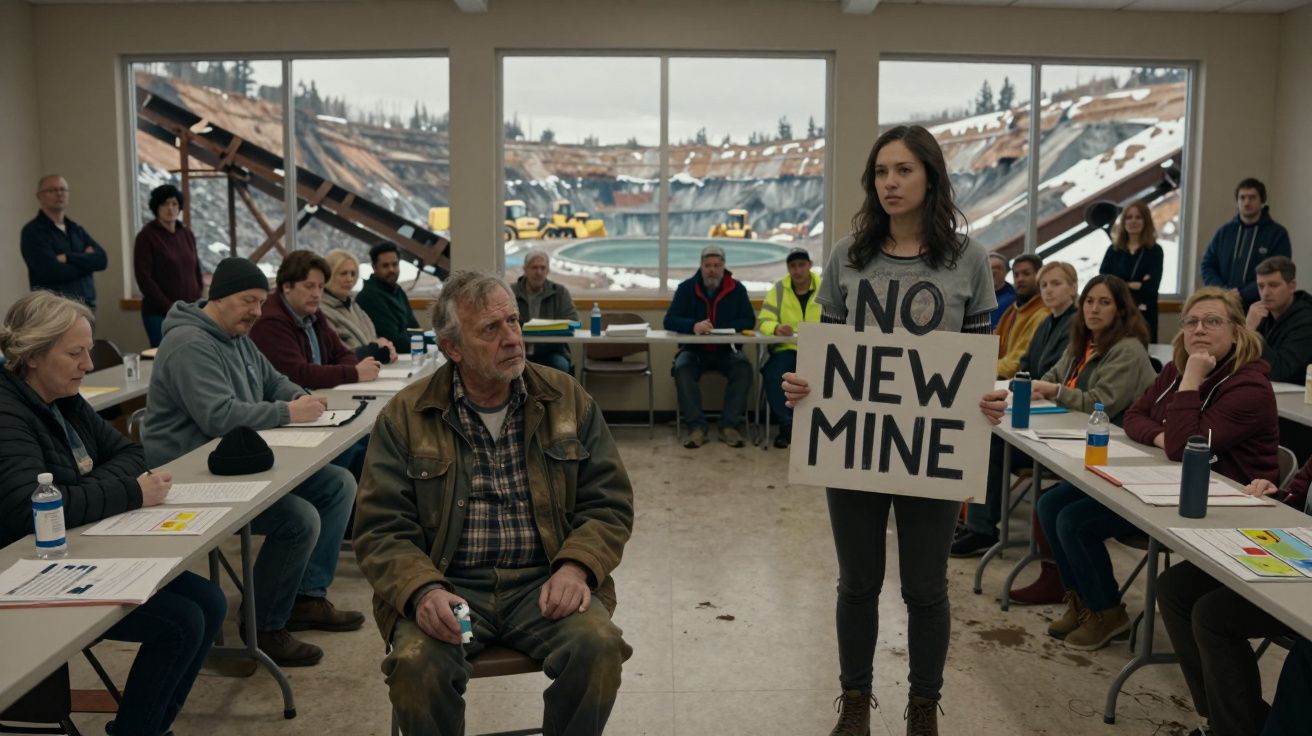 Mulher segura cartaz "No New Mine" numa reunião com discussão sobre mina ao fundo.
