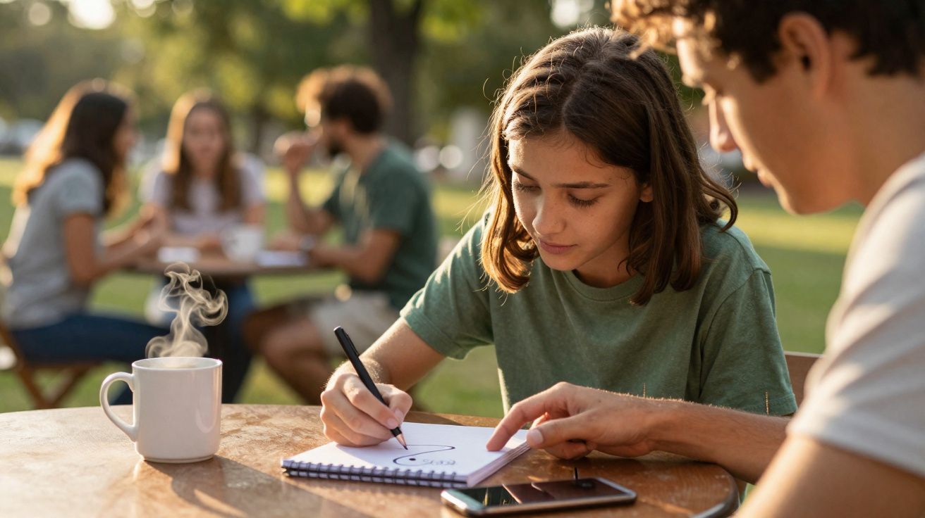 Jovens sentados ao ar livre, uma rapariga desenha num caderno com chá quente ao lado numa mesa de madeira.