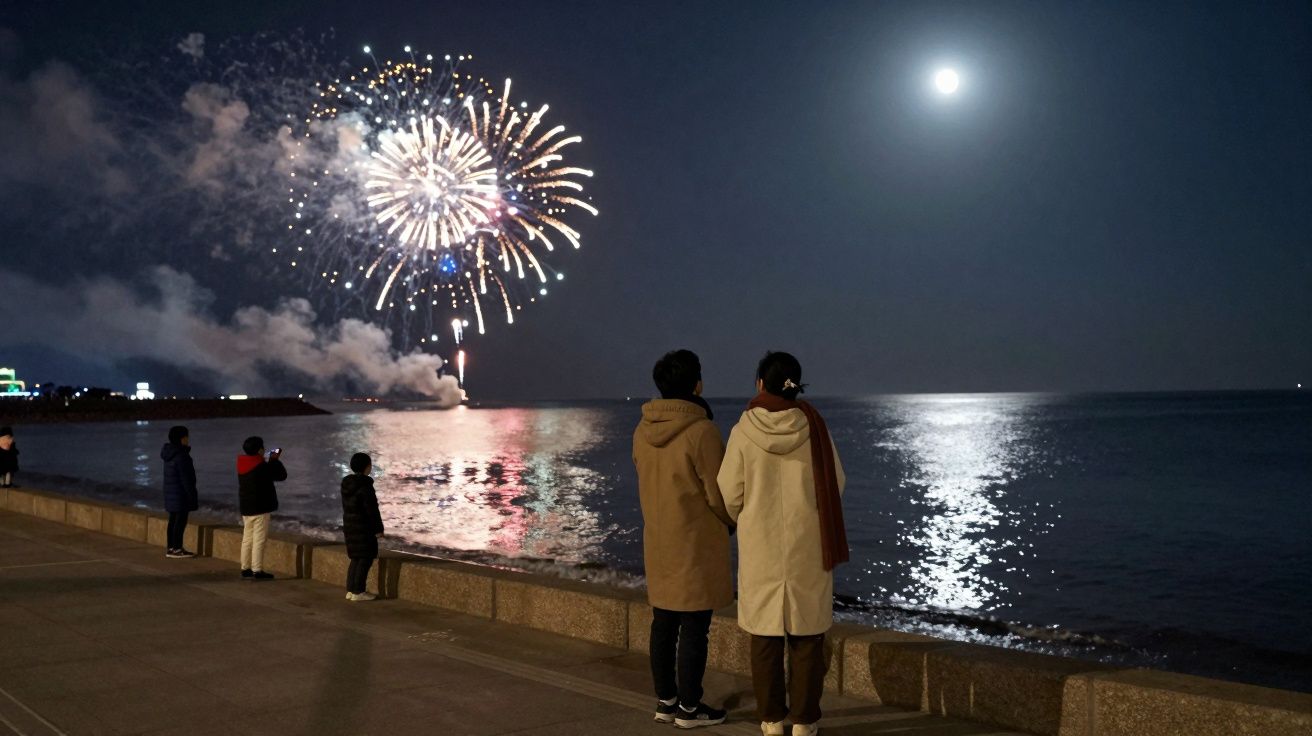 Casal e outras pessoas assistem a fogo de artifício à beira-mar numa noite iluminada pela lua cheia.