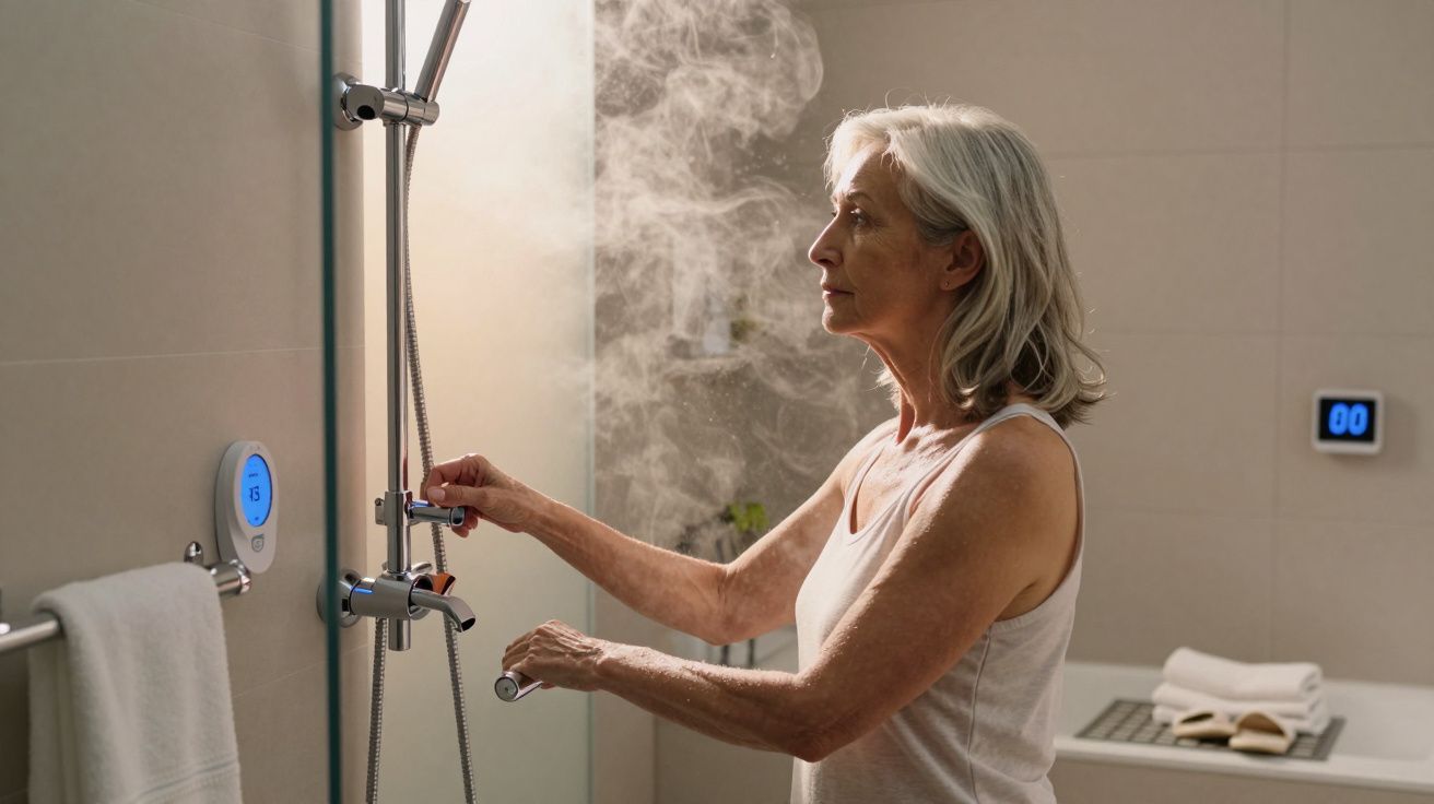 Mulher idosa ajusta temperatura da água num chuveiro num quarto de banho moderno e com vapor.