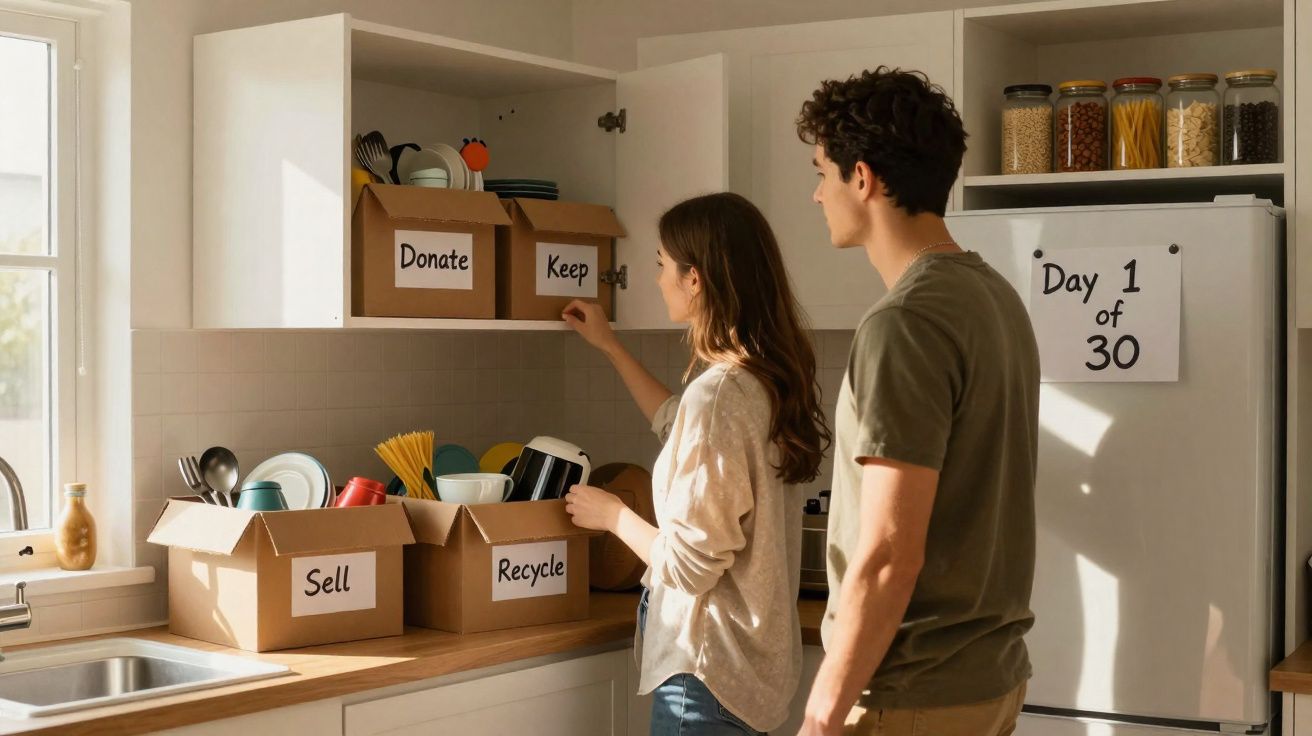 Casal a organizar utensílios de cozinha em caixas rotuladas para doação, venda, reciclagem e conservação.