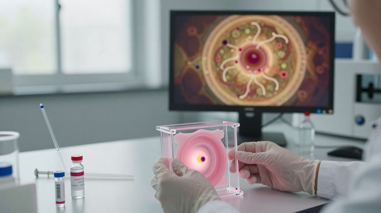 Mãos com luvas seguram modelo 3D de célula em laboratório com ecrã a mostrar célula ao fundo.