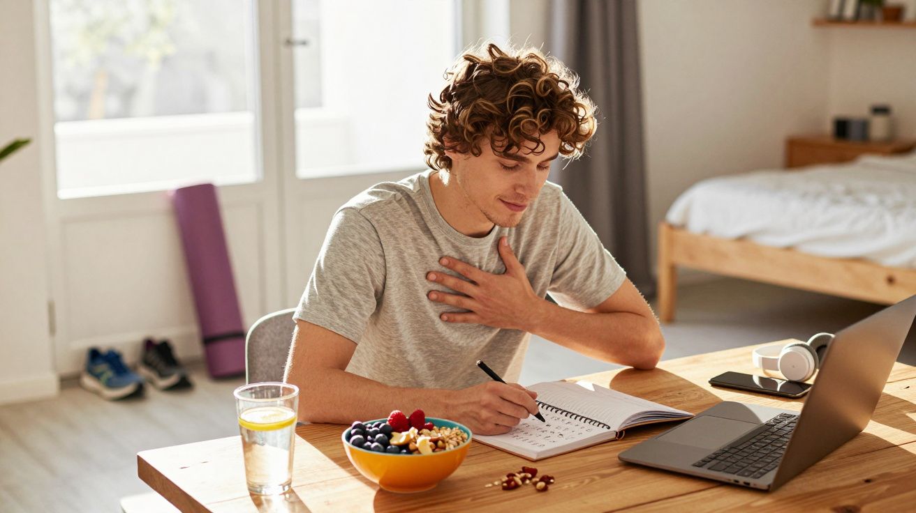 Jovem sentado à mesa a escrever num caderno, com laptop, tigela de frutos e copo de água com limão.