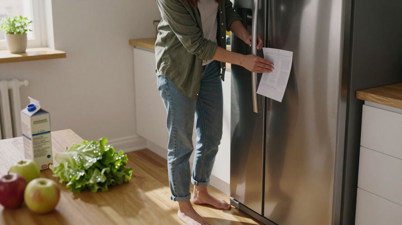 Pessoa a colocar uma lista na porta do frigorífico numa cozinha iluminada e moderna.
