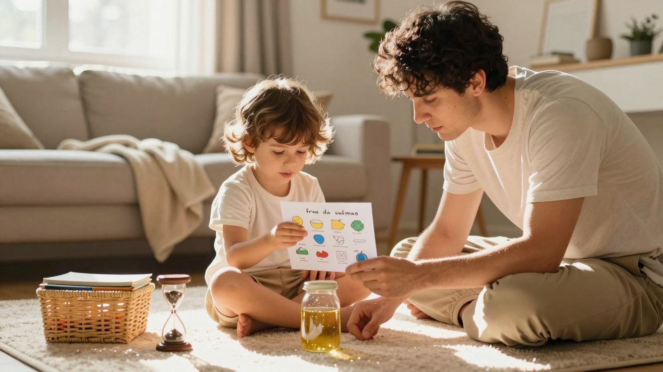 Criança e adulto sentados no chão a aprender, segurando um cartão colorido com desenhos e palavras.