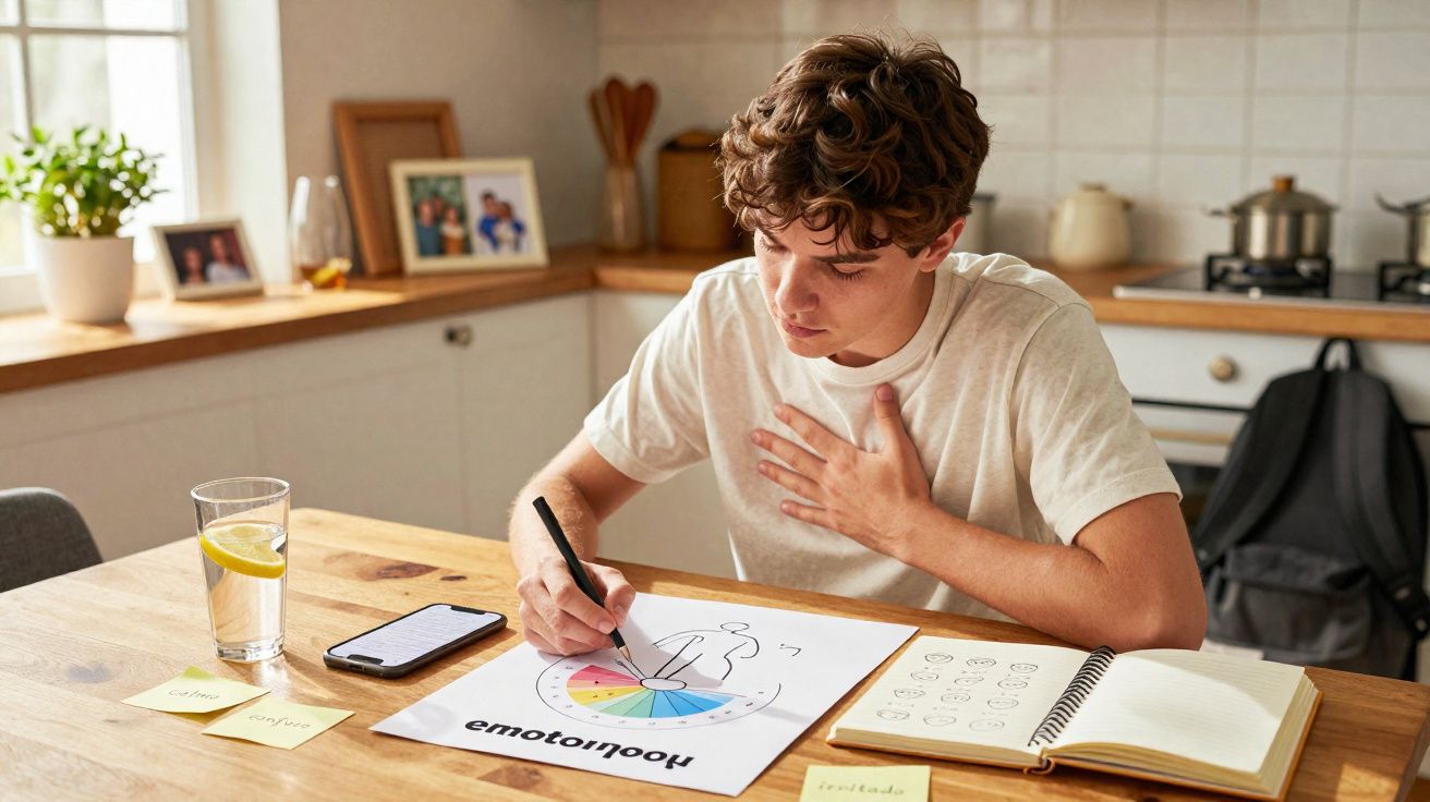 Rapaz sentado a fazer exercícios de reconhecimento e gestão emocional numa mesa com material de estudo.