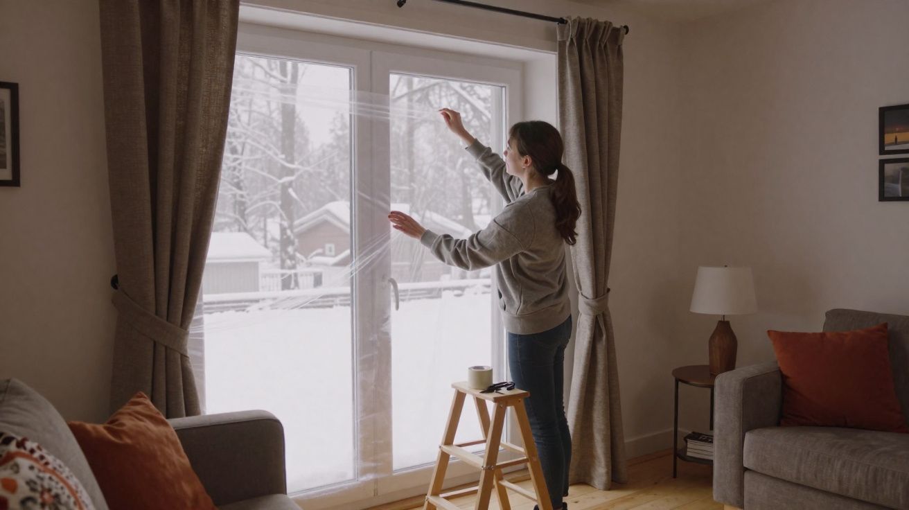 Mulher a colocar película protetora numa porta de vidro numa sala com neve no exterior.