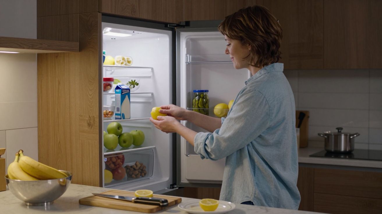 Pessoa a retirar uma maçã amarela do frigorífico numa cozinha moderna e organizada.