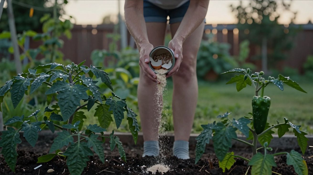 Pessoa a fertilizar terra num jardim com plantas de tomate e pimento ao entardecer.