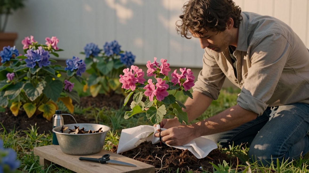 Homem a plantar flores cor-de-rosa num jardim ao ar livre durante o dia.