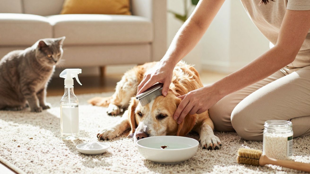 Pessoa a pentear cão deitado no tapete, com gato e produtos de limpeza à volta na sala iluminada.