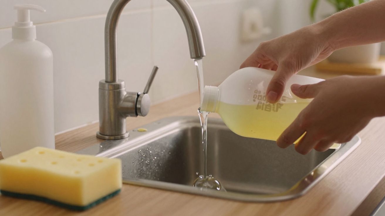 Mãos a despejar detergente amarelo na pia de cozinha com torneira a correr e esponja amarela na bancada.