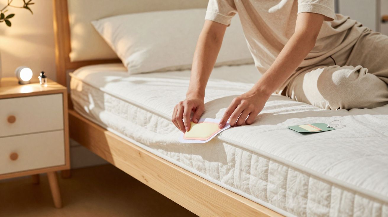 Pessoa sentada na cama de madeira a escolher amostras de tecido para o colchão branco.