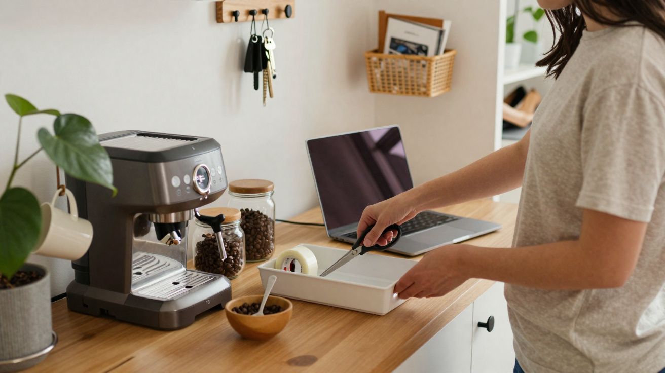 Pessoa a cortar fita adesiva numa cozinha com máquina de café, frascos de grãos e computador portátil aberto.