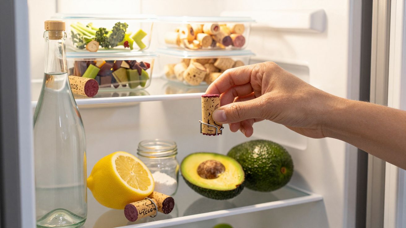 Mão a guardar cortiça numa geladeira com limão, abacate, garrafa, sal e recipientes com legumes.
