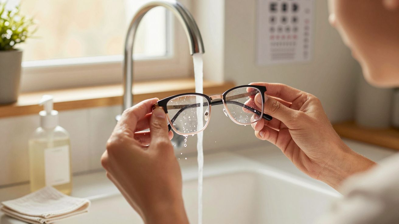 Pessoa a lavar óculos com água numa cozinha iluminada e uma planta ao fundo.