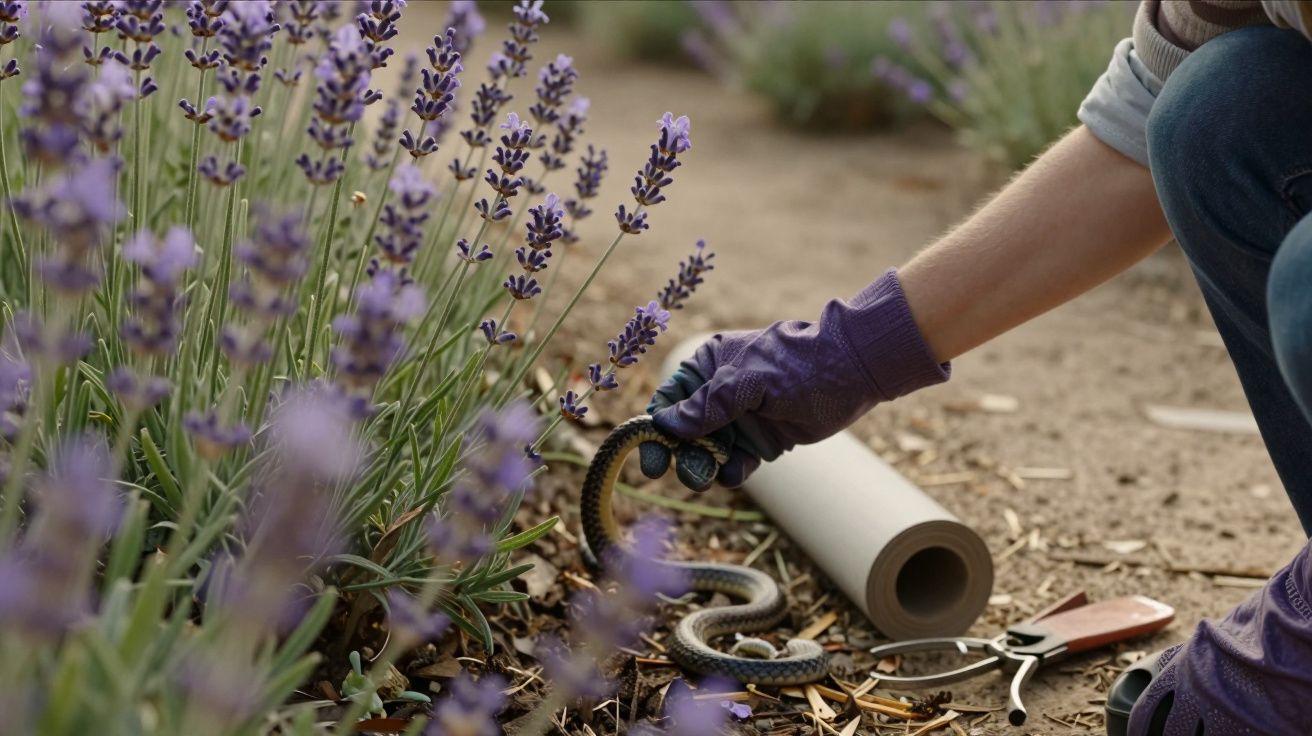 Pessoa com luva a segurar uma cobra junto a plantas de lavanda num jardim.