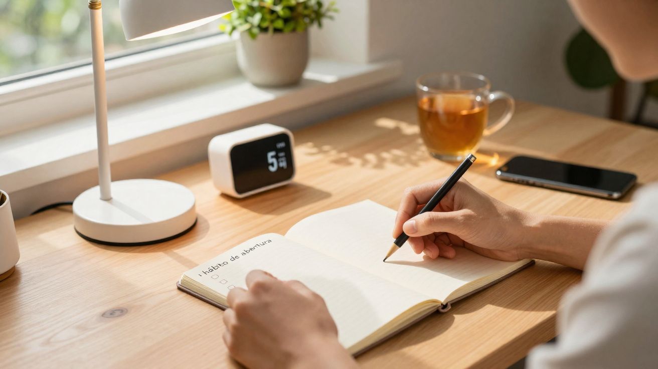 Pessoa a escrever num diário à mesa com chá, telemóvel, relógio digital e candeeiro.