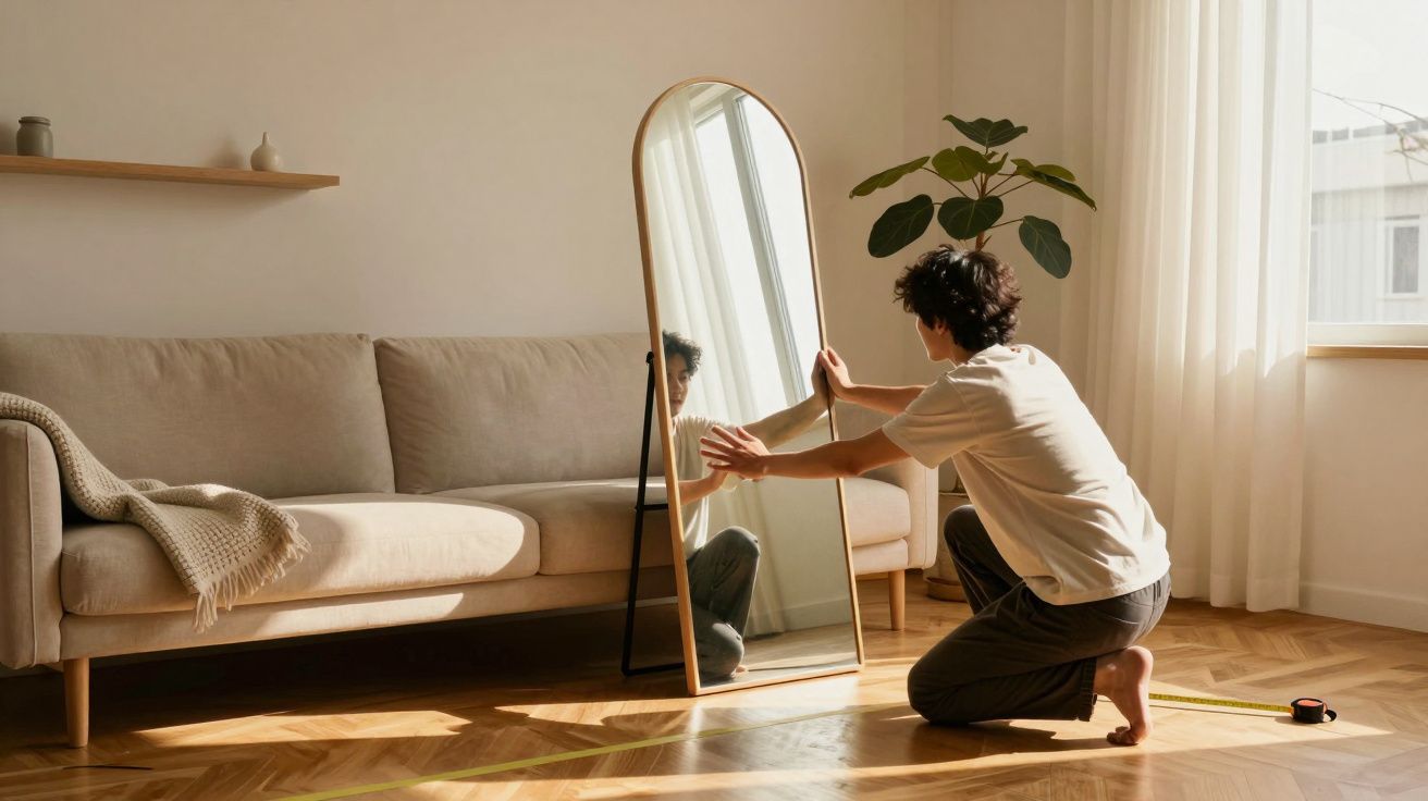 Pessoa a instalar espelho em pé numa sala de estar com sofá, planta e janela com cortinas brancas.