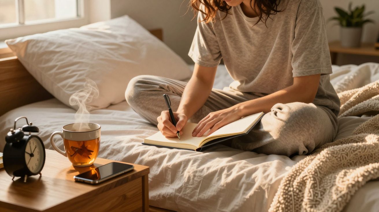 Pessoa sentada na cama a escrever num caderno, ao lado chá quente, telemóvel e despertador numa mesa de cabeceira.