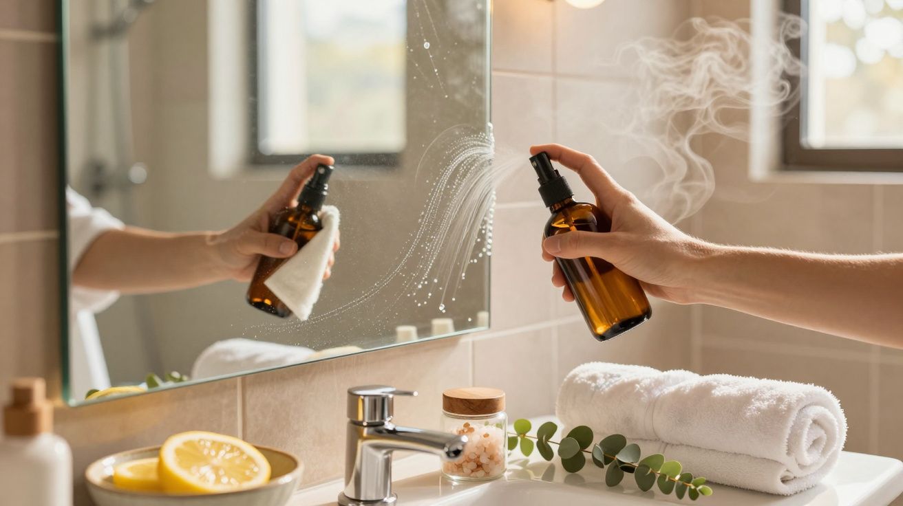 Pessoa a borrifar spray num espelho de casa de banho com toalhas, limão e plantas na bancada.