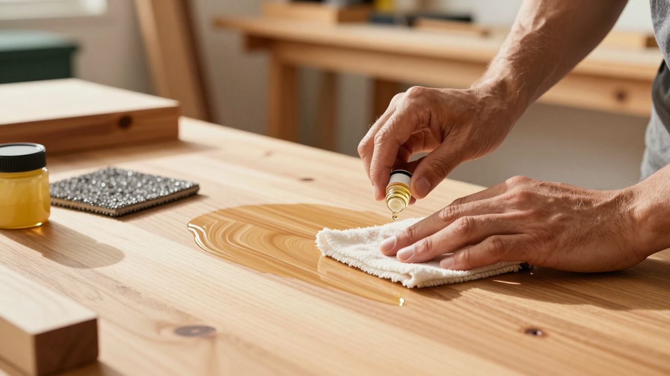 Mãos a aplicar óleo de madeira numa superfície de madeira clara com um pano branco sobre uma mesa interior.