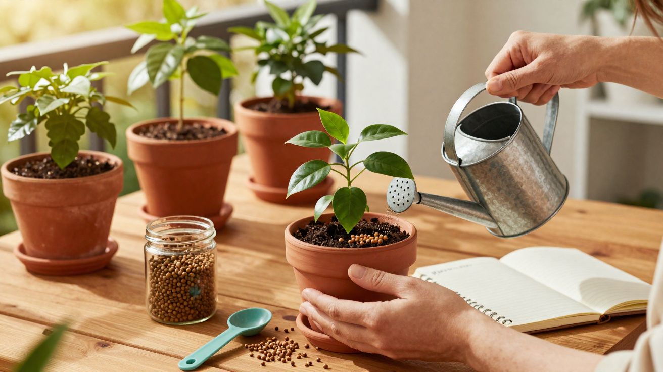 Pessoa a regar planta jovem em vaso de barro sobre mesa com várias plantas e caderno aberto.