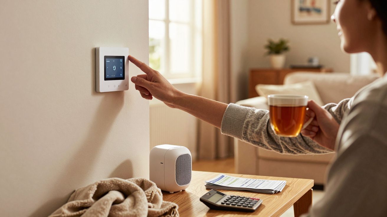 Pessoa a ajustar termóstato digital numa parede enquanto segura chá numa sala acolhedora.