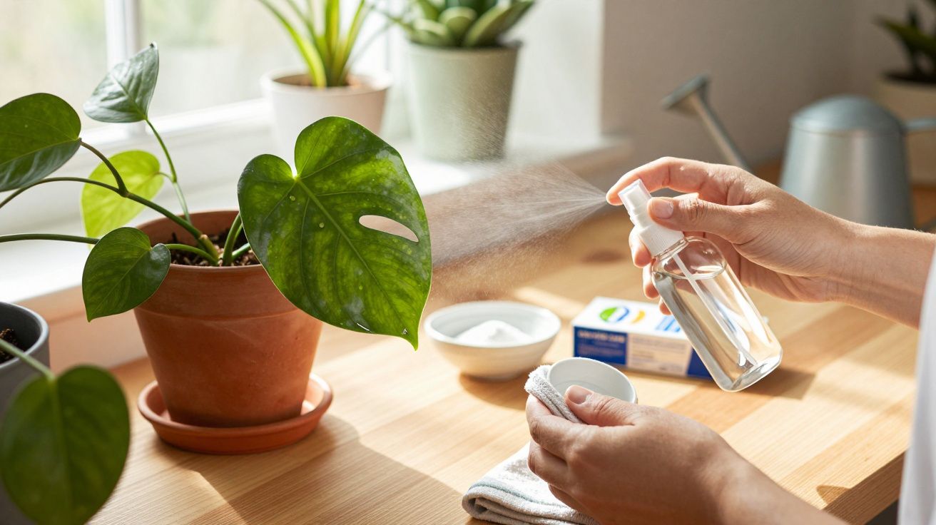 Mãos a pulverizar solução sobre folha de planta em vaso na cozinha junto a janela com luz natural.