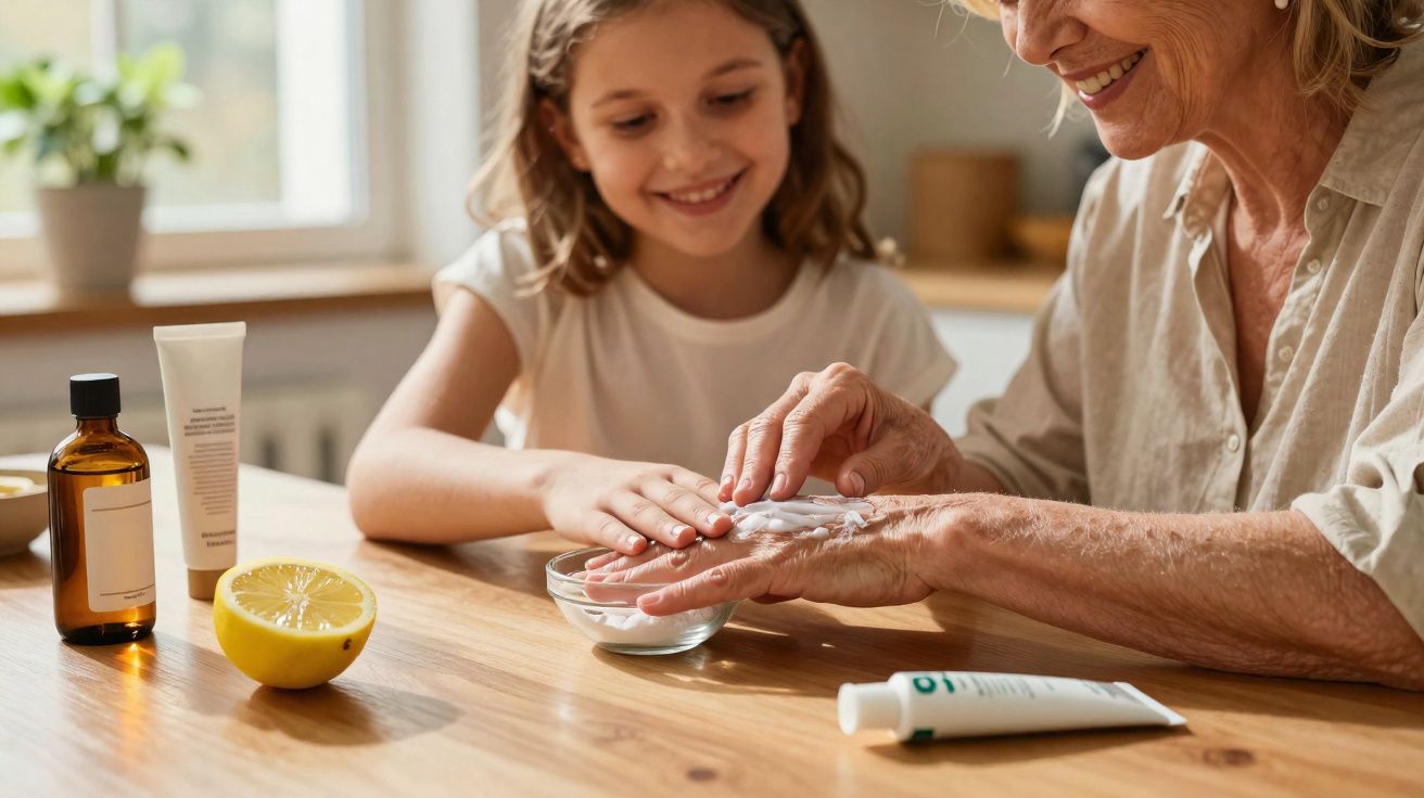 Avó e neta sorridentes aplicam creme hidratante nas mãos numa mesa junto a produtos de cuidado.