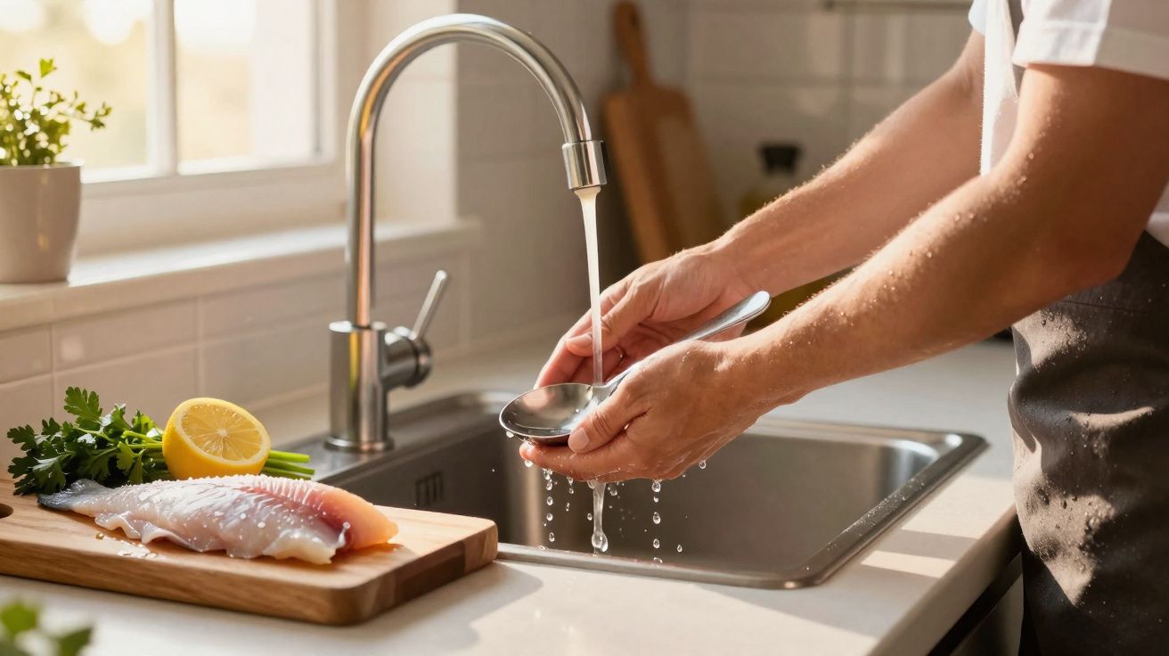 Pessoa a lavar colher na cozinha junto a peixe, limão e ervas frescas numa bancada iluminada pela janela.