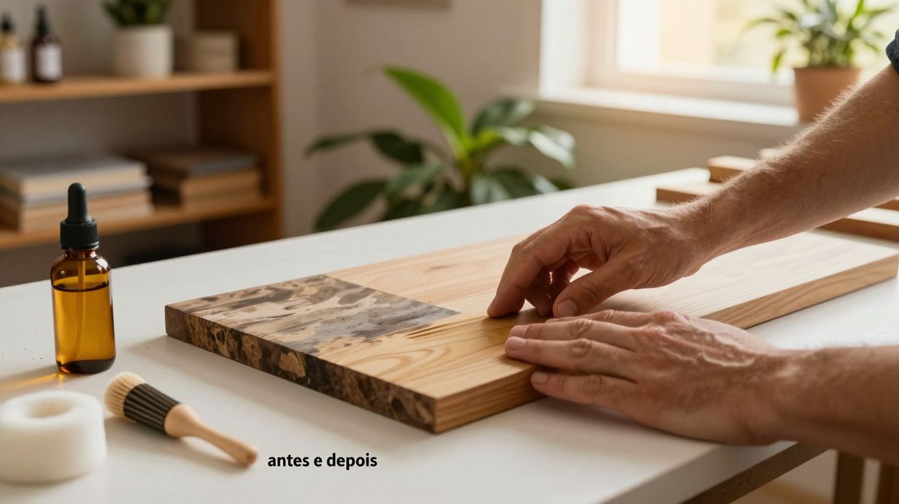 Mãos a aplicar óleo em madeira, mostrando contraste entre parte tratada e antes do tratamento.