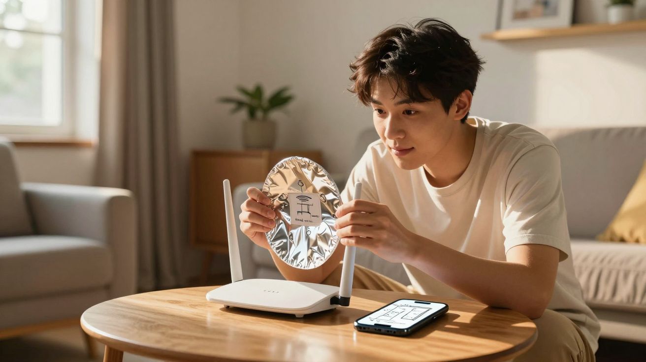 Homem sentado à mesa a configurar um router com um telemóvel e embalagem prateada numa sala iluminada.
