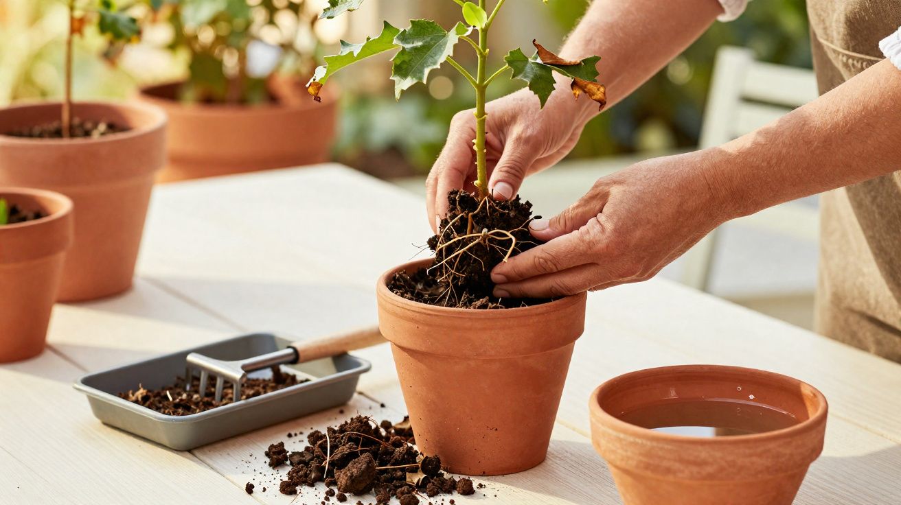 Mãos a transplantar uma pequena planta para um vaso de barro num ambiente iluminado e com outras plantas.