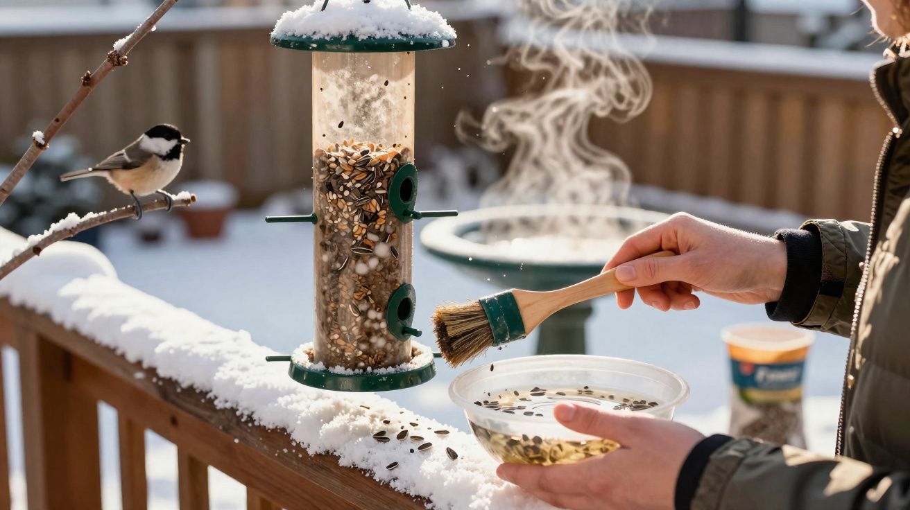 Derramando comida para pássaros num comedouro suspenso durante o inverno com neve visível.