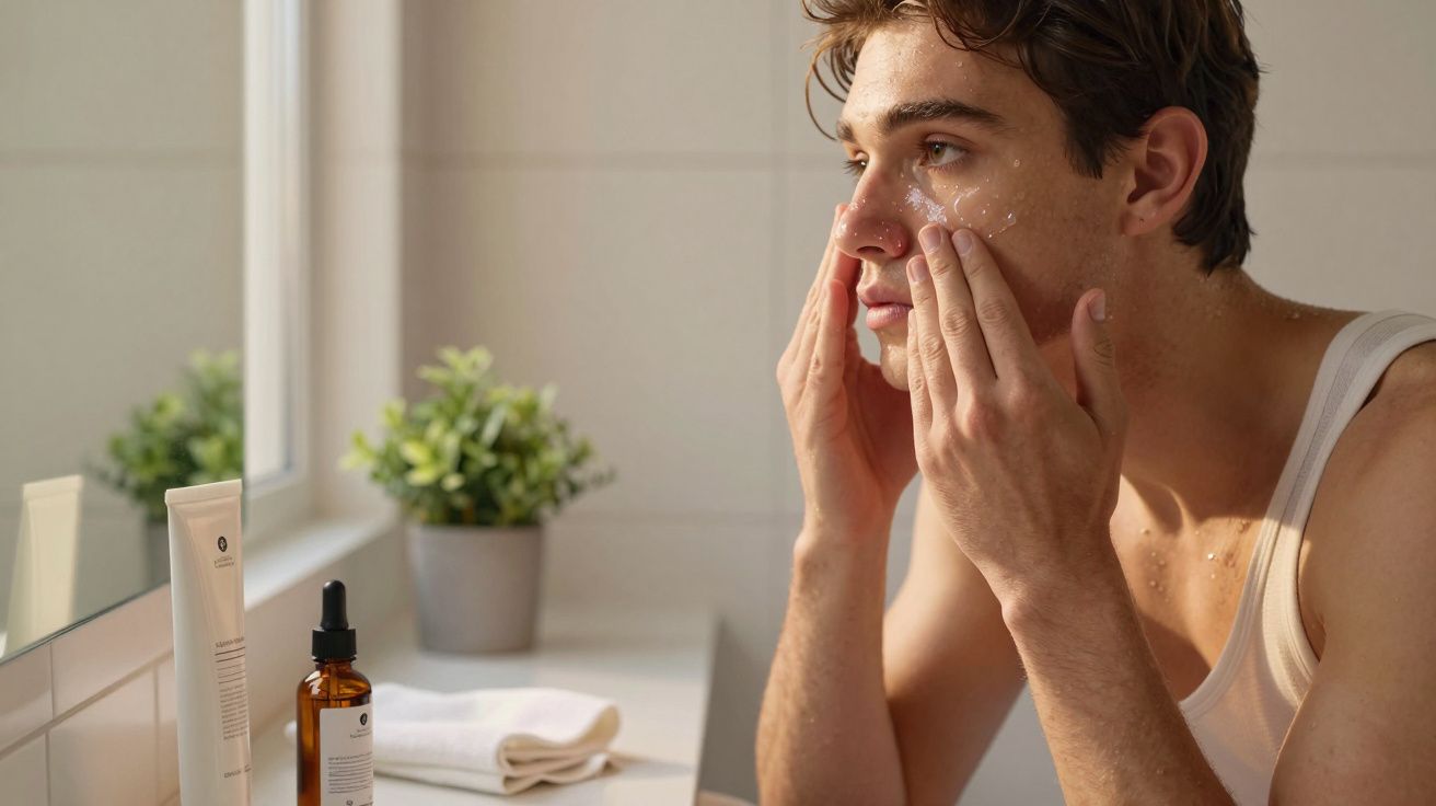 Homem a aplicar creme hidratante no rosto em casa, junto a um espelho e produtos de cuidados de pele.