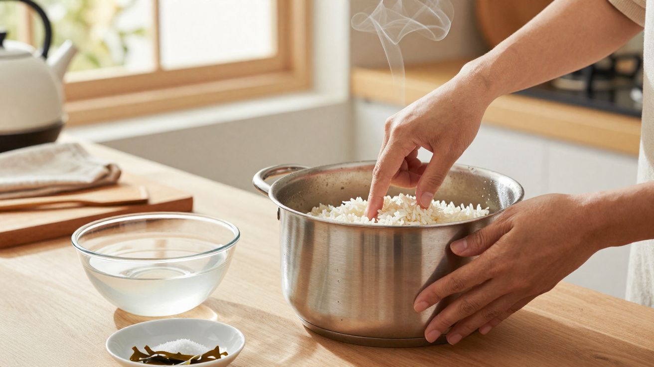 Mãos a verificar a temperatura do arroz quente dentro de uma panela de aço no balcão da cozinha.