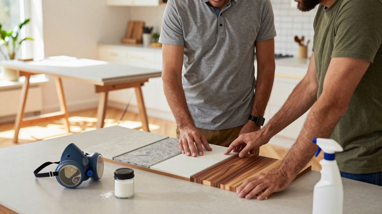 Duas pessoas a escolher materiais para decoração, com amostras de madeira e azulejos numa mesa de cozinha luminosa.
