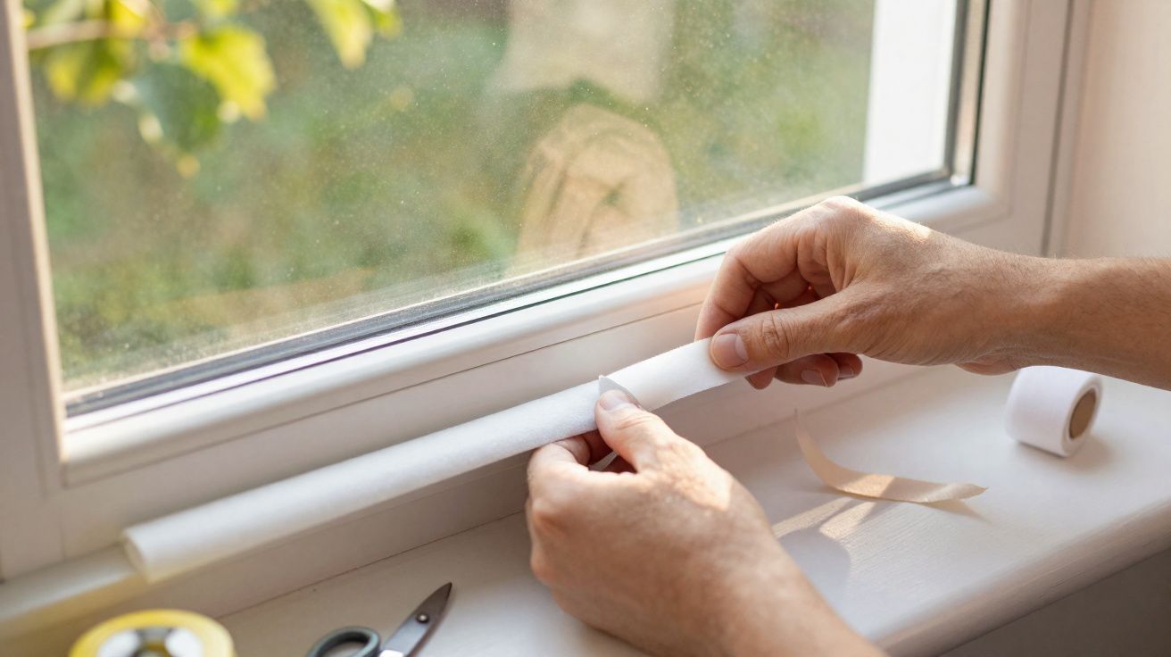 Mãos a aplicar fita isolante branca para vedar a janela numa casa, com ferramentas na superfície.