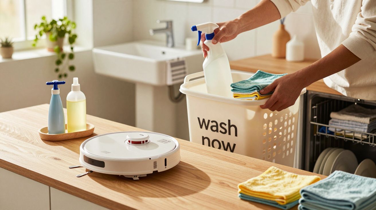 Pessoa a colocar produtos de limpeza numa cesta branca com texto "wash now" numa cozinha luminosa.