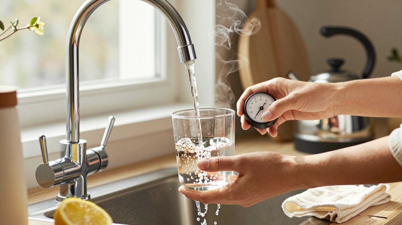 Mãos a medir a temperatura de água quente a ser enchida num copo junto a uma torneira na cozinha.