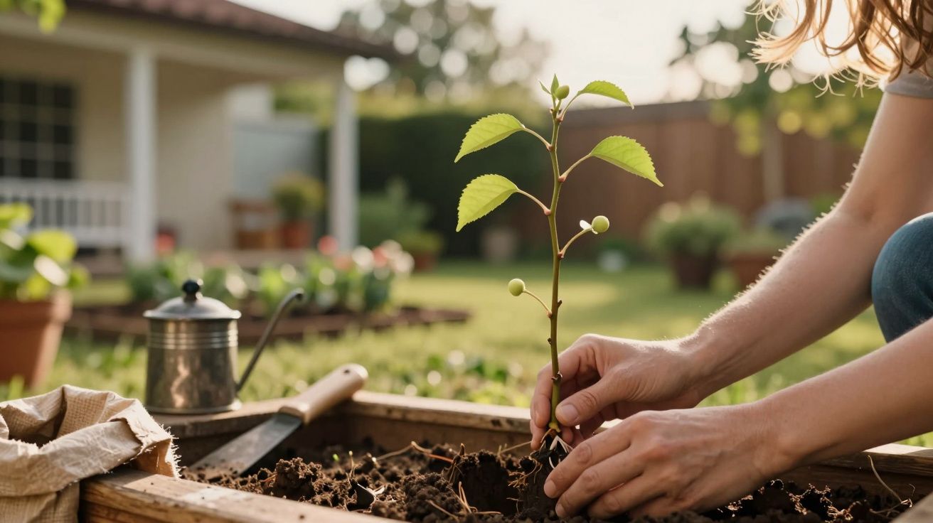 Pessoa a plantar uma muda jovem numa caixa de madeira com terra num jardim residencial.