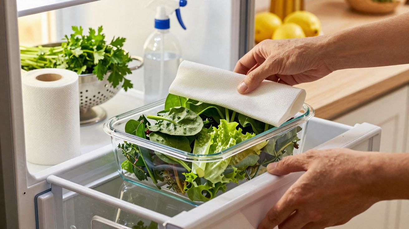 Pessoa a cobrir salada de folhas verdes com papel absorvente dentro do frigorífico.