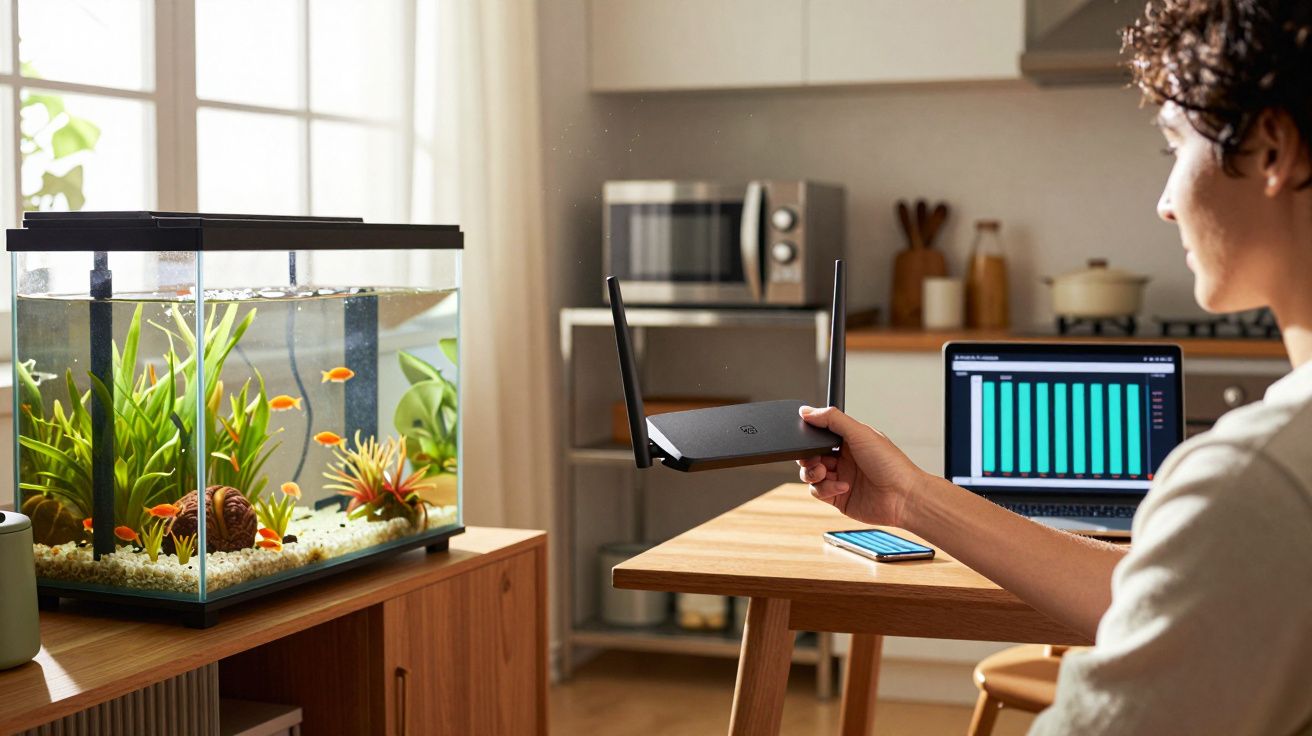 Pessoa sentada numa cozinha a segurar um router wifi com peixes num aquário ao lado.